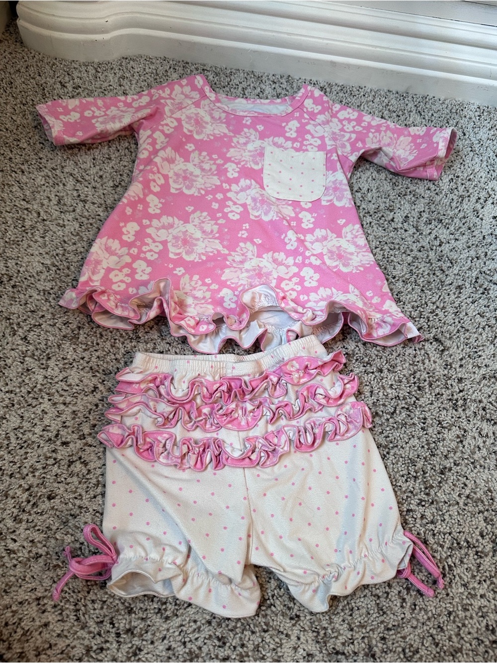 SweetHoney Pink Floral Ruffle Pajama Set with Cream Shorts size 5